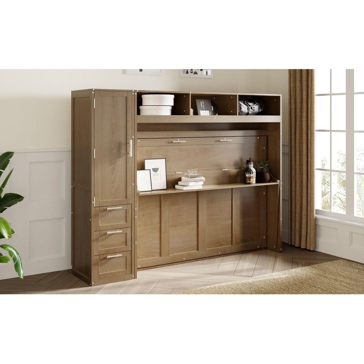 Full Size Murphy Bed with Wardrobe, Drawers and Open Shelves, Antique Grey