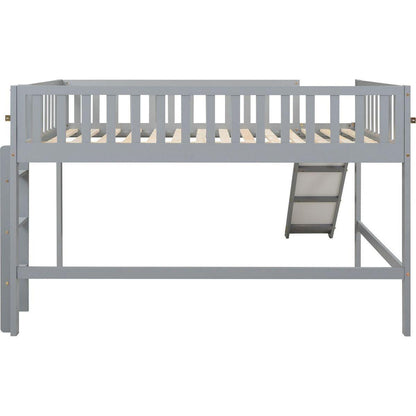 Full Size Low Loft Bed with Ladder and Slide,Gray