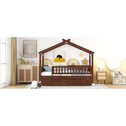 Twin Size Wooden House Bed with Twin Size Trundle, Walnut