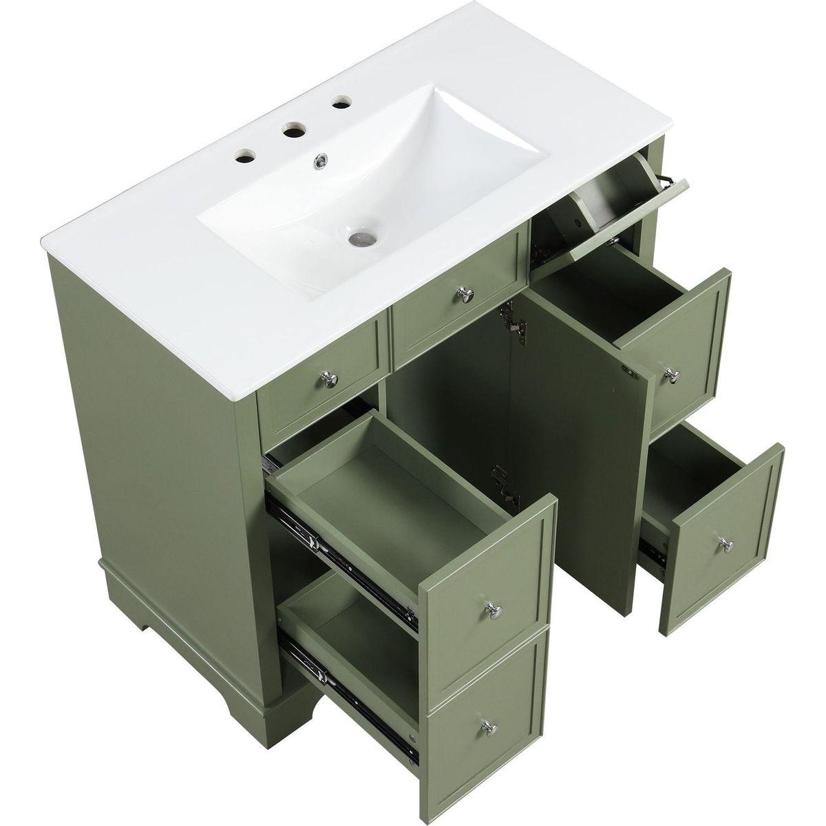 36" Bathroom Vanity with Sink, One Cabinet with Three drawers and One Flip Drawer, Solid Wood and MDF Board, Green