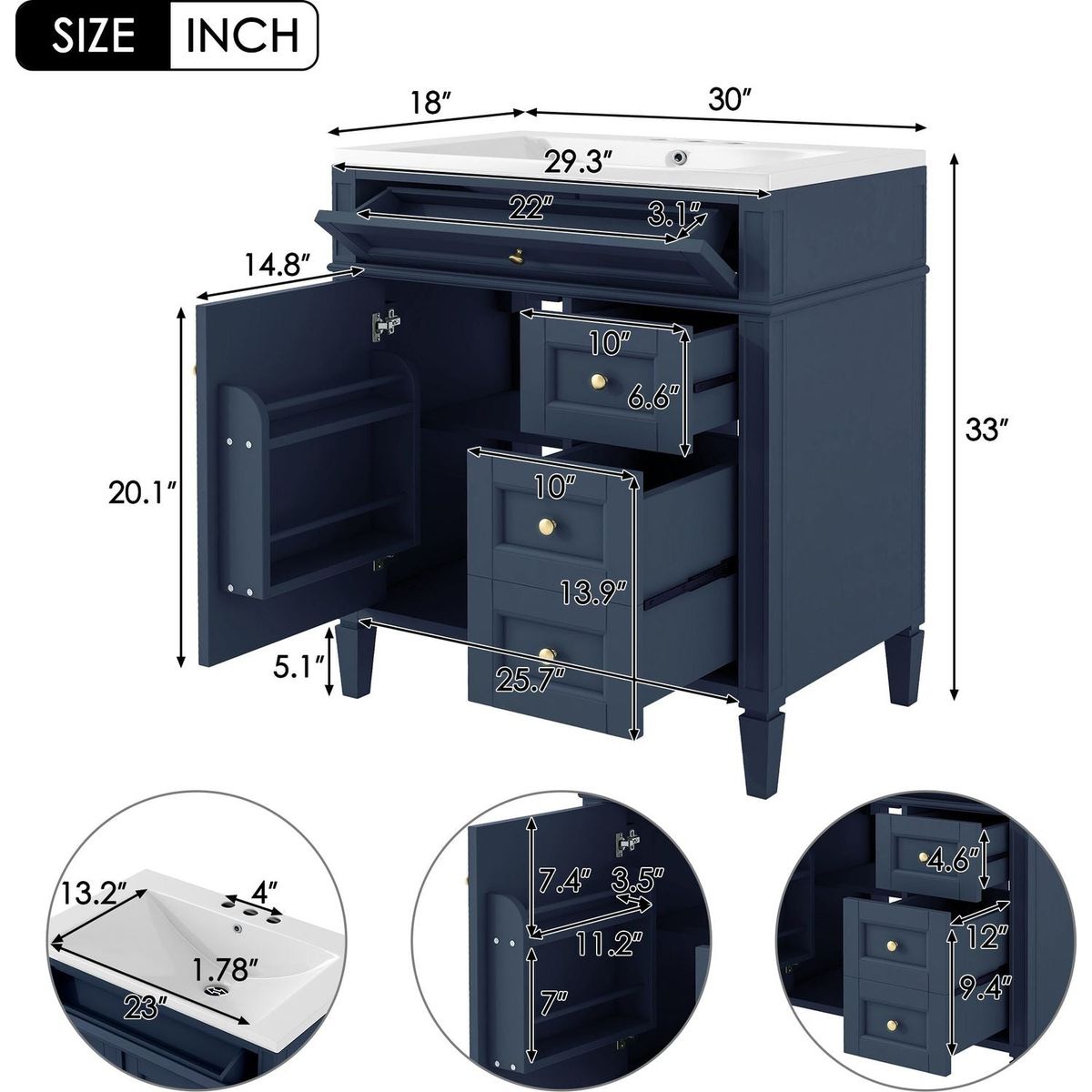 30" Bathroom Vanity with Top Sink, Modern Bathroom Storage Cabinet with 2 Drawers and a Tip-out Drawer, Single Sink Bathroom Vanity