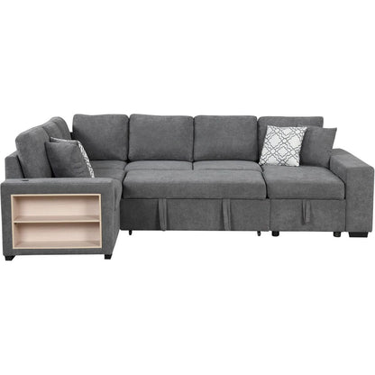109" U-shaped Sectional Sofa Pull-out Sofa Bed with Two USB Ports, a Storage Chaise Lounge and Four Back Pillows for Living Room, Grey