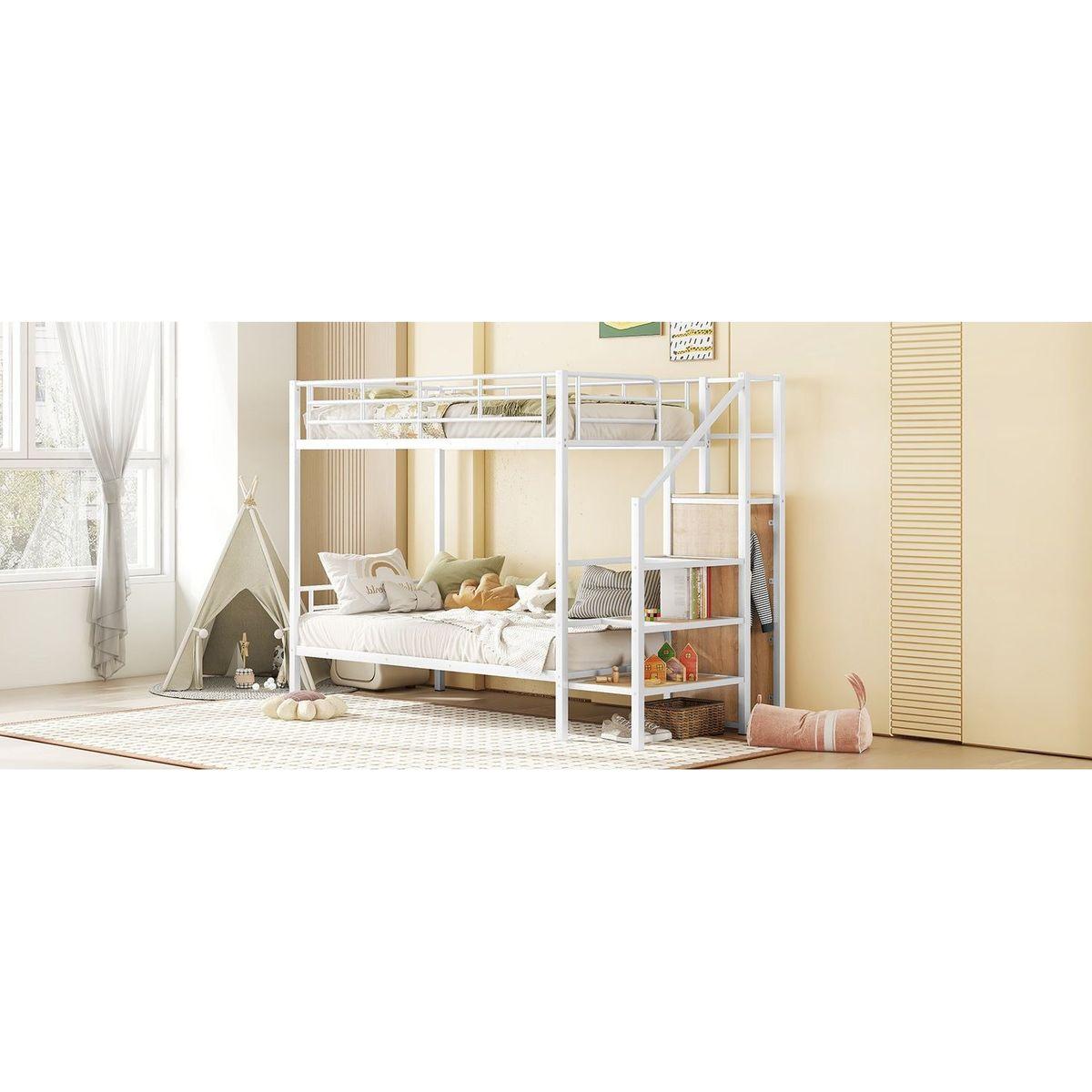 Twin Over Twin Metal Bunk Bed with Lateral Storage Ladder and Wardrobe, White