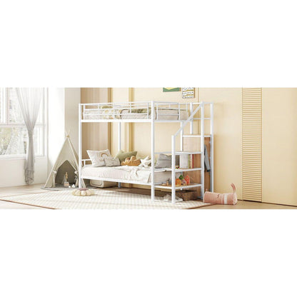 Twin Over Twin Metal Bunk Bed with Lateral Storage Ladder and Wardrobe, White