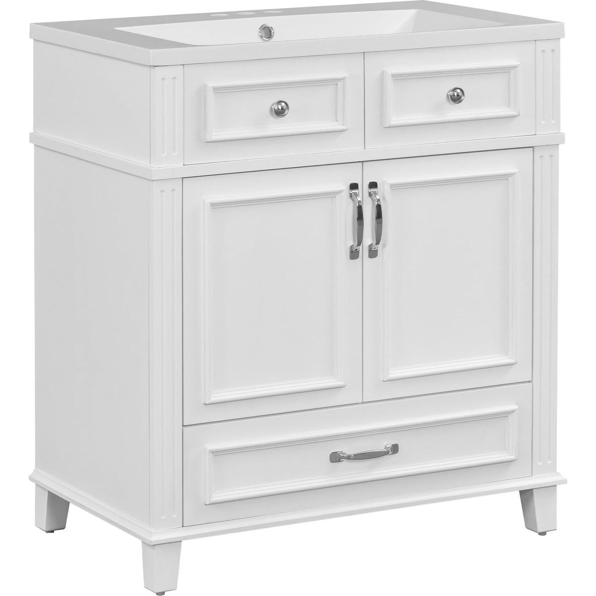 30" Bathroom Vanity with Resin Sink, Solid Wood Frame Bathroom Storage Cabinet with Soft Closing Doors, Retro Style, White