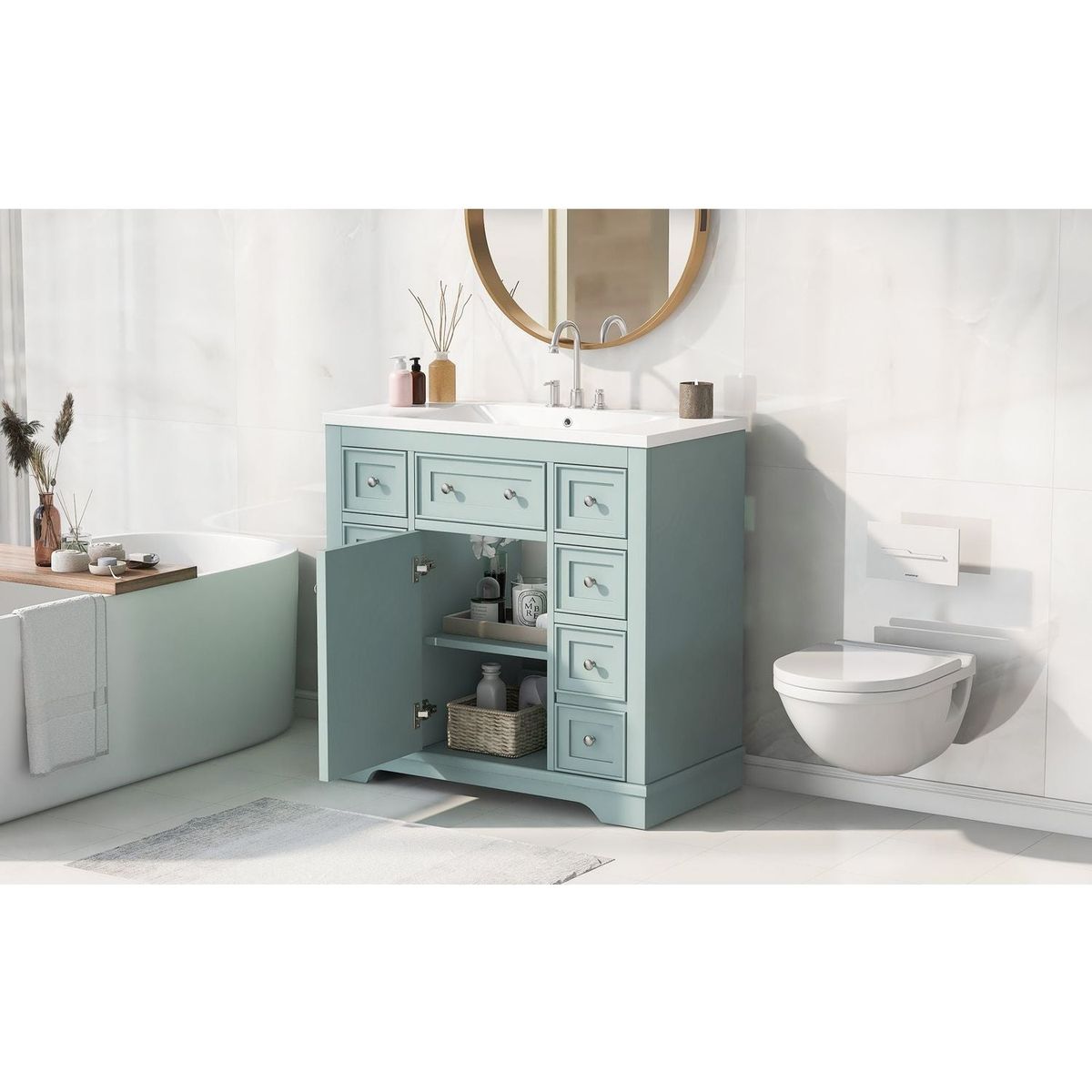 36" Bathroom Vanity with Sink Combo, One Cabinet and Six Drawers, Solid Wood and MDF Board, Green