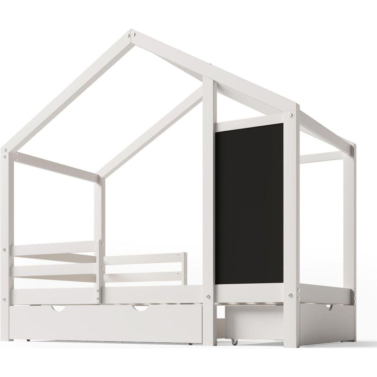 Twin House Bed with Blackboard and Drawers, Two assembly options, White