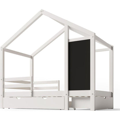 Twin House Bed with Blackboard and Drawers, Two assembly options, White