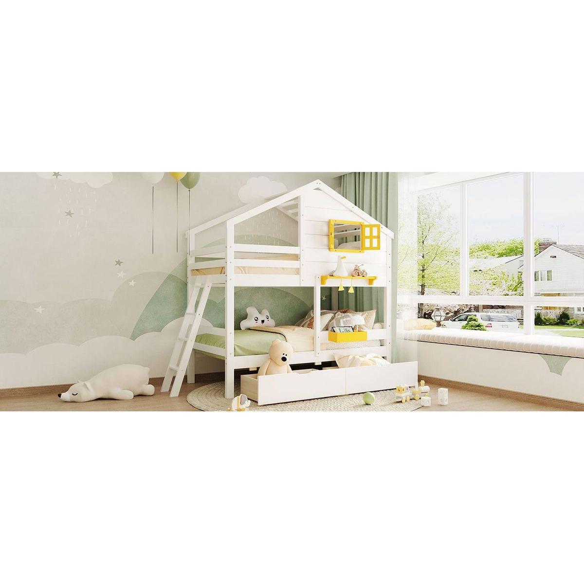 Twin over Twin Bunk Bed with 2 Drawers, 1 Storage Box, 1 Shelf, Window and Roof-White