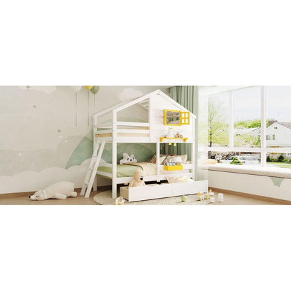 Twin over Twin Bunk Bed with 2 Drawers, 1 Storage Box, 1 Shelf, Window and Roof-White