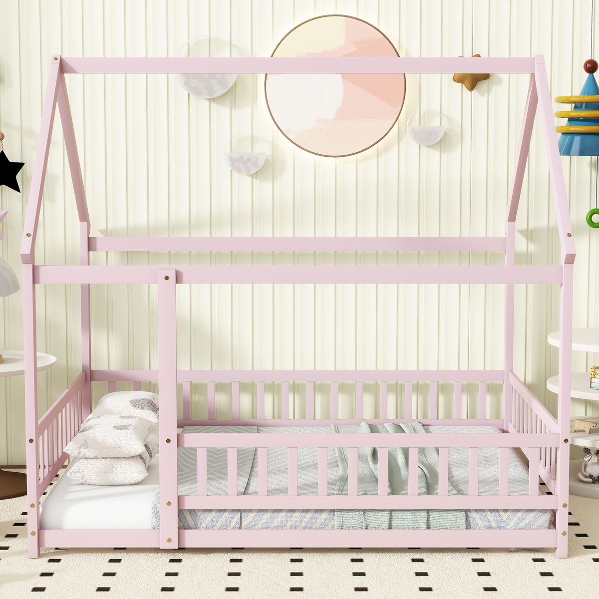 Full Size House Floor Wooden Bed with Roof Frame, Safety Guardrails,Pink