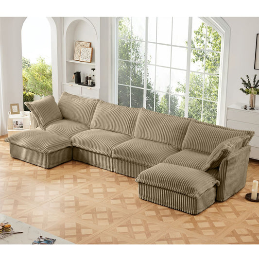 Slipcovered U Shape Sectional Wide and Deep Seat Sofa Couch, 4 Seater Sofa with French Edges Design Multiple Big Pillows, Soft Deep Seat Comfy Cloud Couch for Living Room, Apartment, Camel Corduroy