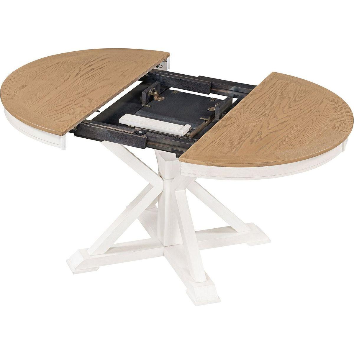 Retro Functional Extendable Dining Table with a 12" Leaf for Dining Room and Living Room (Oak Natural Wood + Off White)