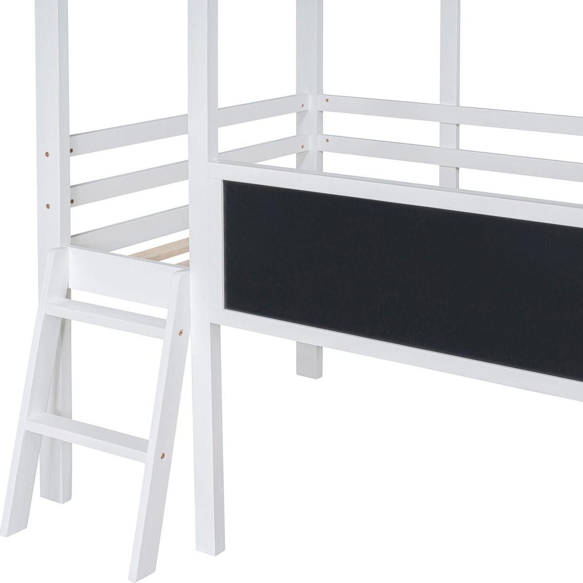 Twin Size Loft Bed with Ladder and Slide, House Bed with Blackboard and Light Strip on the Roof, White