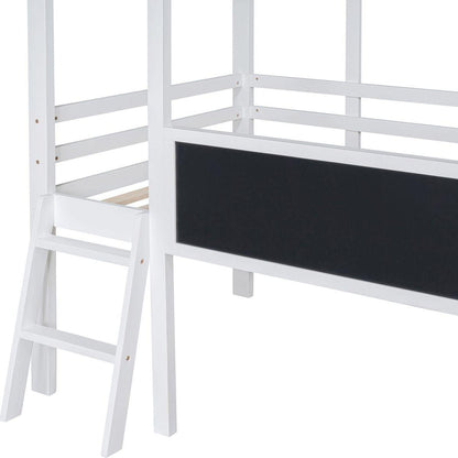 Twin Size Loft Bed with Ladder and Slide, House Bed with Blackboard and Light Strip on the Roof, White