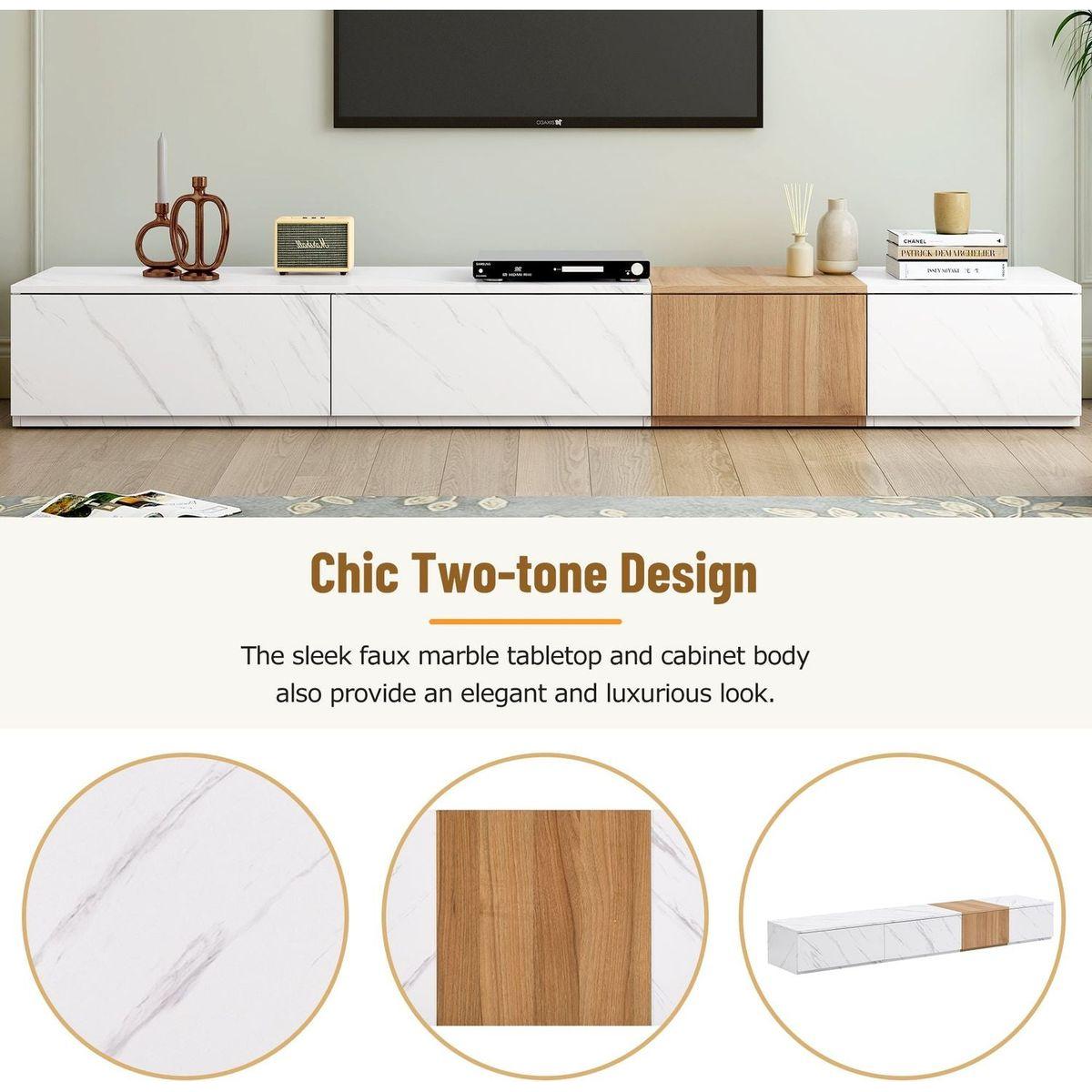 TV Stand with Faux Marble and Walnut Wood Grain Finish for TVs up to 88", Modern Free-Combination Entertainment Center with 4 Storage Drawers for Living Room, White