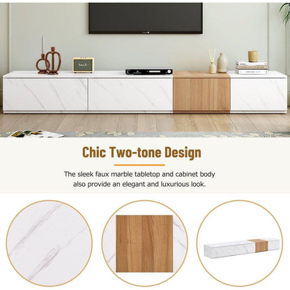 TV Stand with Faux Marble and Walnut Wood Grain Finish for TVs up to 88", Modern Free-Combination Entertainment Center with 4 Storage Drawers for Living Room, White