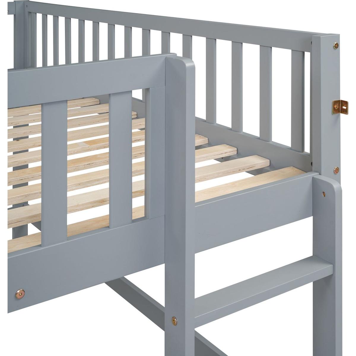 Full Size Low Loft Bed with Ladder and Slide,Gray