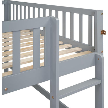 Full Size Low Loft Bed with Ladder and Slide,Gray