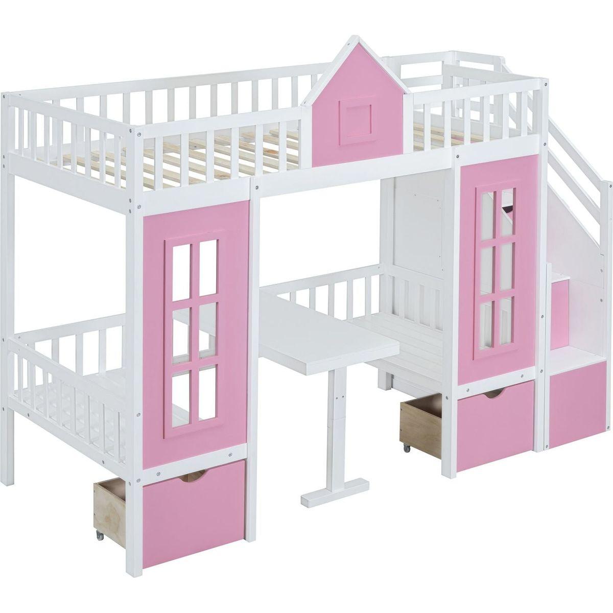 Twin-Over-Twin Bunk Bed with Changeable Table, Bunk Bed Turn into Upper Bed and Down Desk -Pink