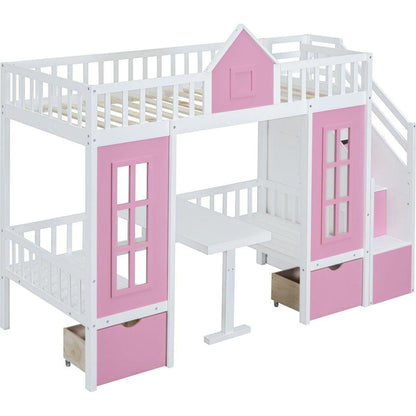 Twin-Over-Twin Bunk Bed with Changeable Table, Bunk Bed Turn into Upper Bed and Down Desk -Pink