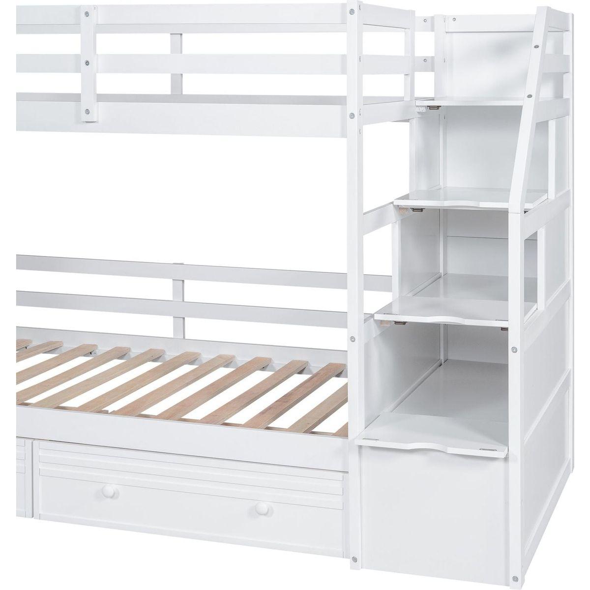 Twin over Twin Bunk Bed with Storage Staircase, Slide and Drawers, Desk with Drawers and Shelves, White
