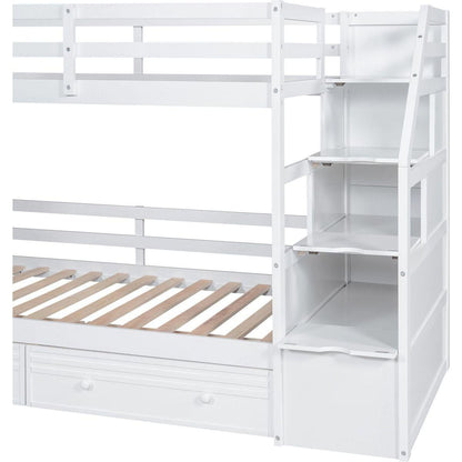 Twin over Twin Bunk Bed with Storage Staircase, Slide and Drawers, Desk with Drawers and Shelves, White