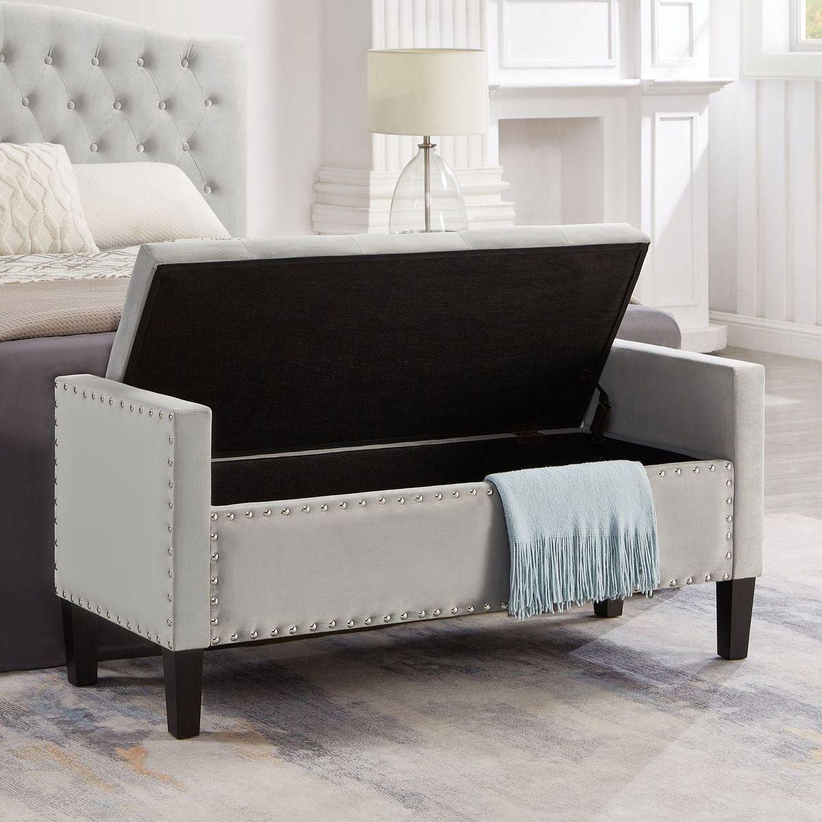 Upholstered Tufted Button Storage Bench with nails trim,Entryway Living Room Soft Padded Seat with Armrest,Bed