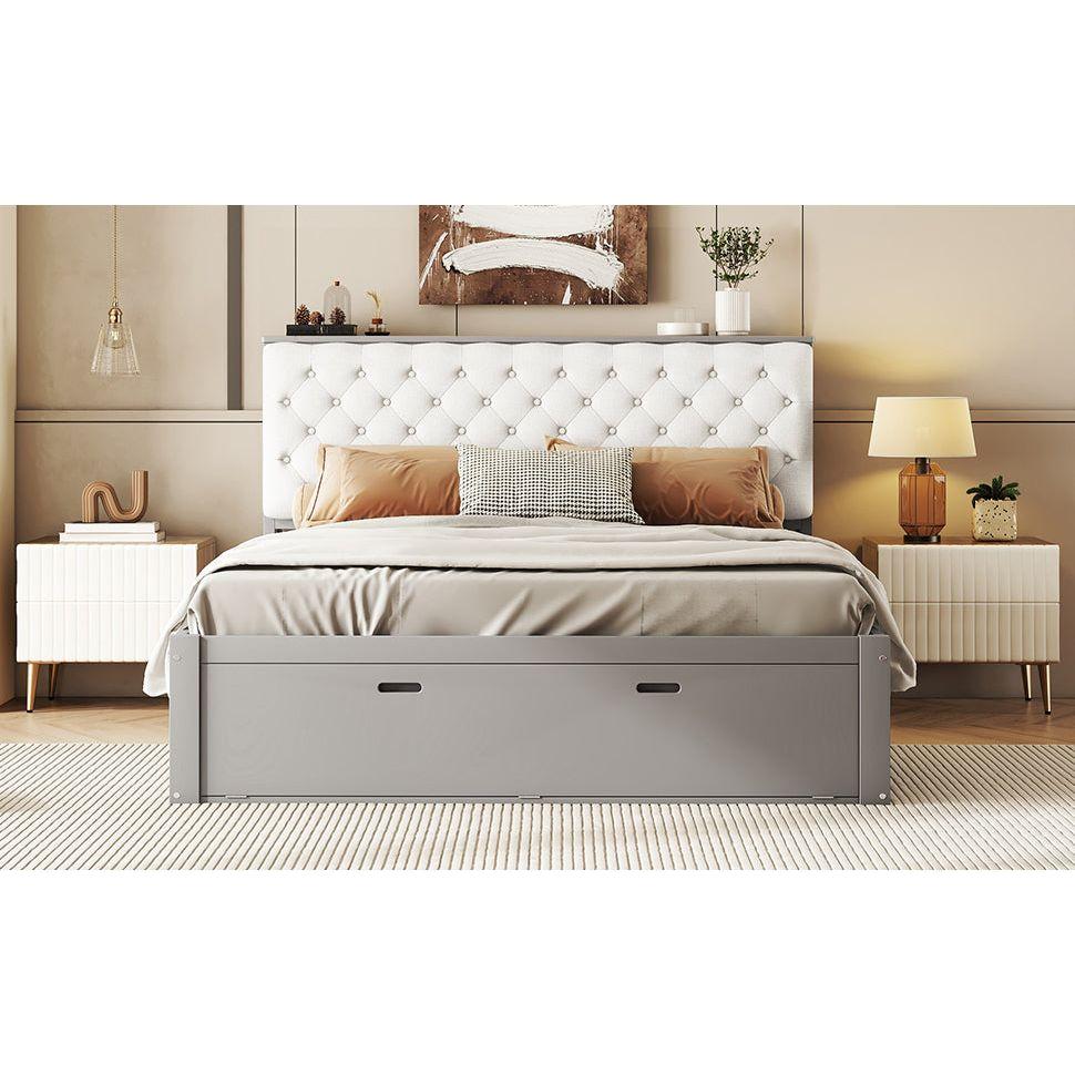 Wood Queen Size Platform Bed with Storage Headboard, shoe rack and 4 drawers,Gray