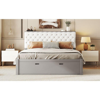 Wood Queen Size Platform Bed with Storage Headboard, shoe rack and 4 drawers,Gray