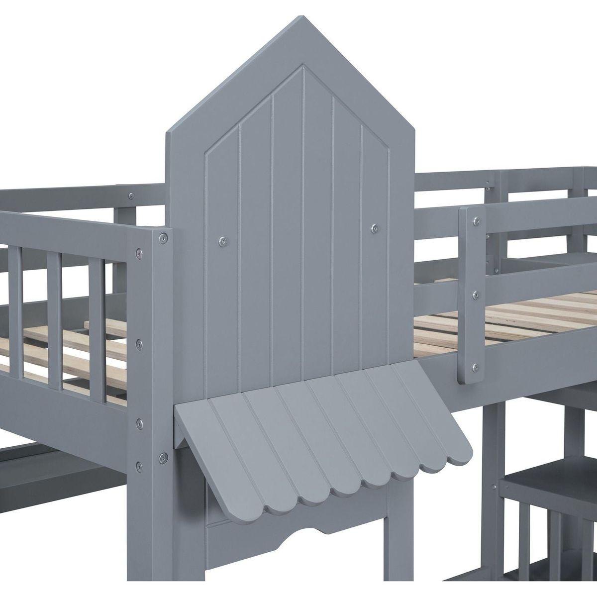 Twin-Over-Twin Castle Style Bunk Bed with 2 Drawers 3 Shelves and Slide - Gray