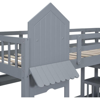Twin-Over-Twin Castle Style Bunk Bed with 2 Drawers 3 Shelves and Slide - Gray