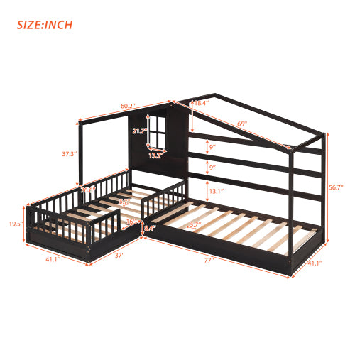 Wood House Bed Twin Size, 2 Twin Solid Bed L structure with fence and slatted frame, Espresso