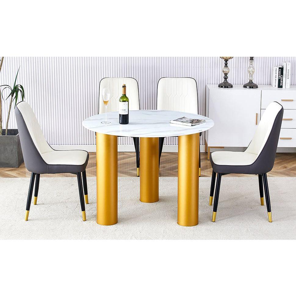 Table and chair set, round table with white marble pattern, gold MDF table legs, soft and comfortable dining chair, suitable for kitchen and living room