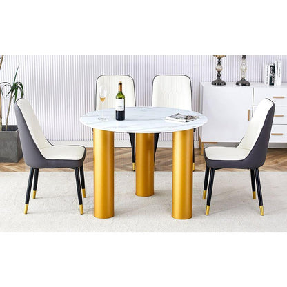 Table and chair set, round table with white marble pattern, gold MDF table legs, soft and comfortable dining chair, suitable for kitchen and living room