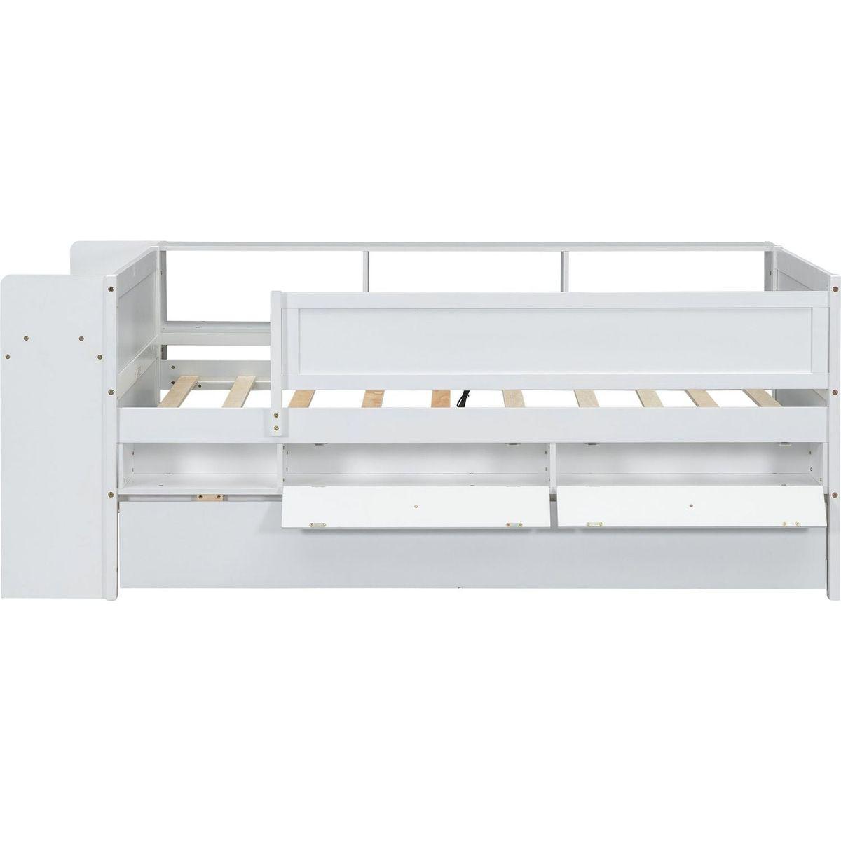 Multi-Functional Twin Daybed with Drawers and Trundle, Headboard Storage and Tables, USB Charging Station, White