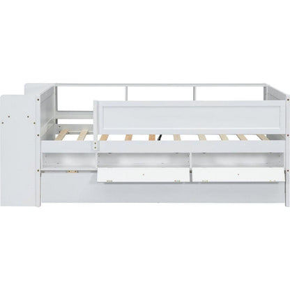 Multi-Functional Twin Daybed with Drawers and Trundle, Headboard Storage and Tables, USB Charging Station, White