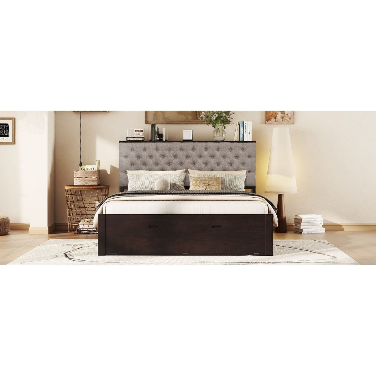 Wood Queen Size Platform Bed with Storage Headboard, shoe rack and 4 drawers,Espresso