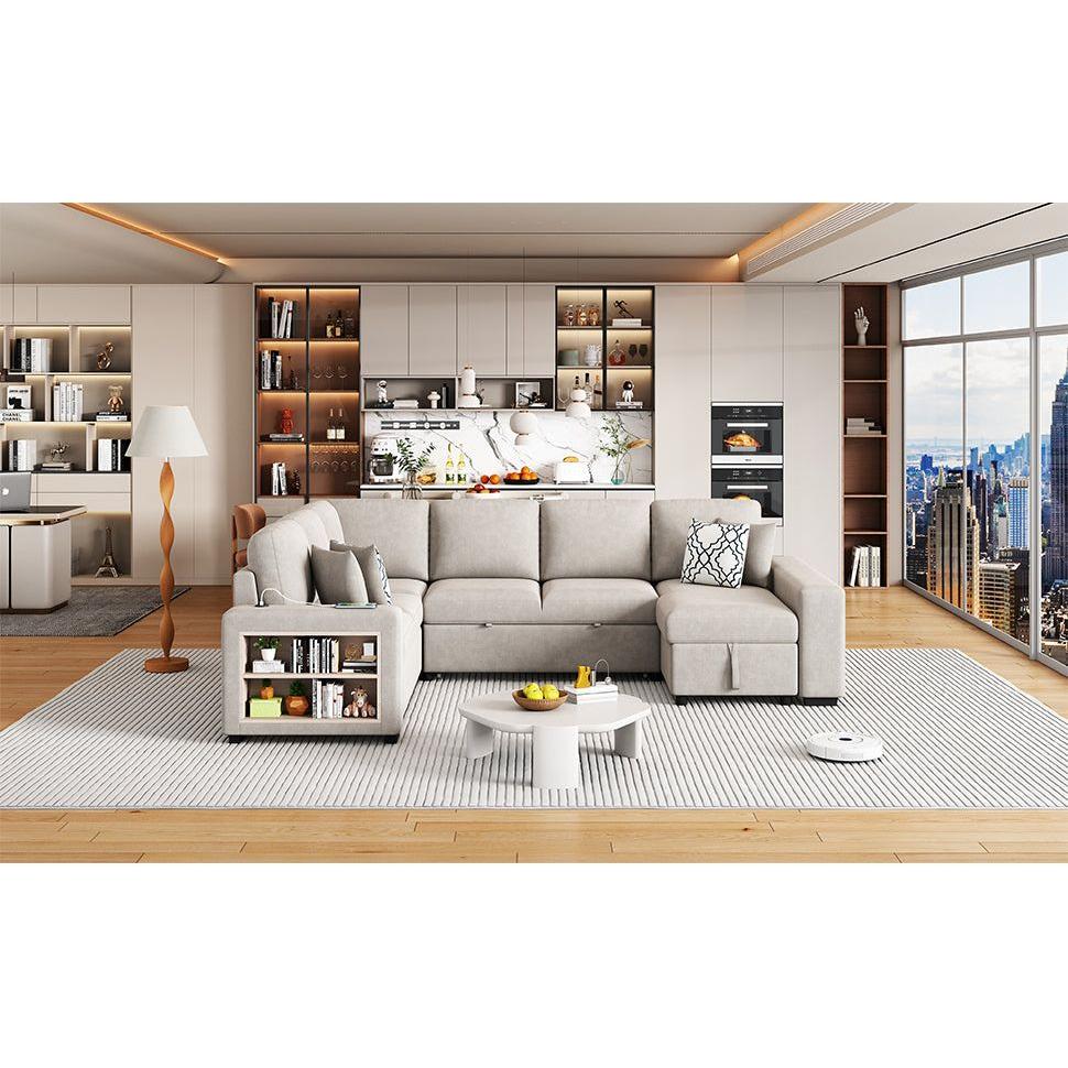 109" U-shaped Sectional Sofa Pull-out Sofa Bed with Two USB Ports, a Storage Chaise Lounge and Four Back Pillows for Living Room, Beige