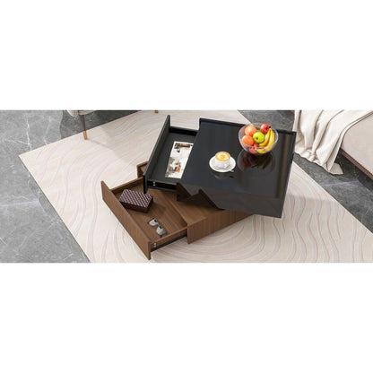 Multi-functional Square 360Rotating Coffee Table with 2 Drawers, High Gloss 2-Tier Center Table with Swivel Tabletop and Storage, Walnut Table Frame Side Table for Living Room, Black