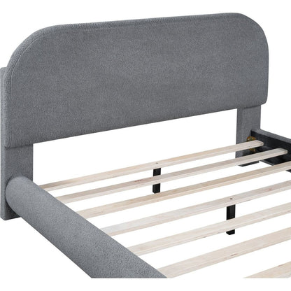 Teddy Fleece Full Size Upholstered Platform Bed with Thick Fabric, Solid Frame and Stylish Curve-shaped Design, Gray
