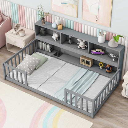 Twin Floor Bed with Bedside Bookcase,Shelves,Guardrails,Grey