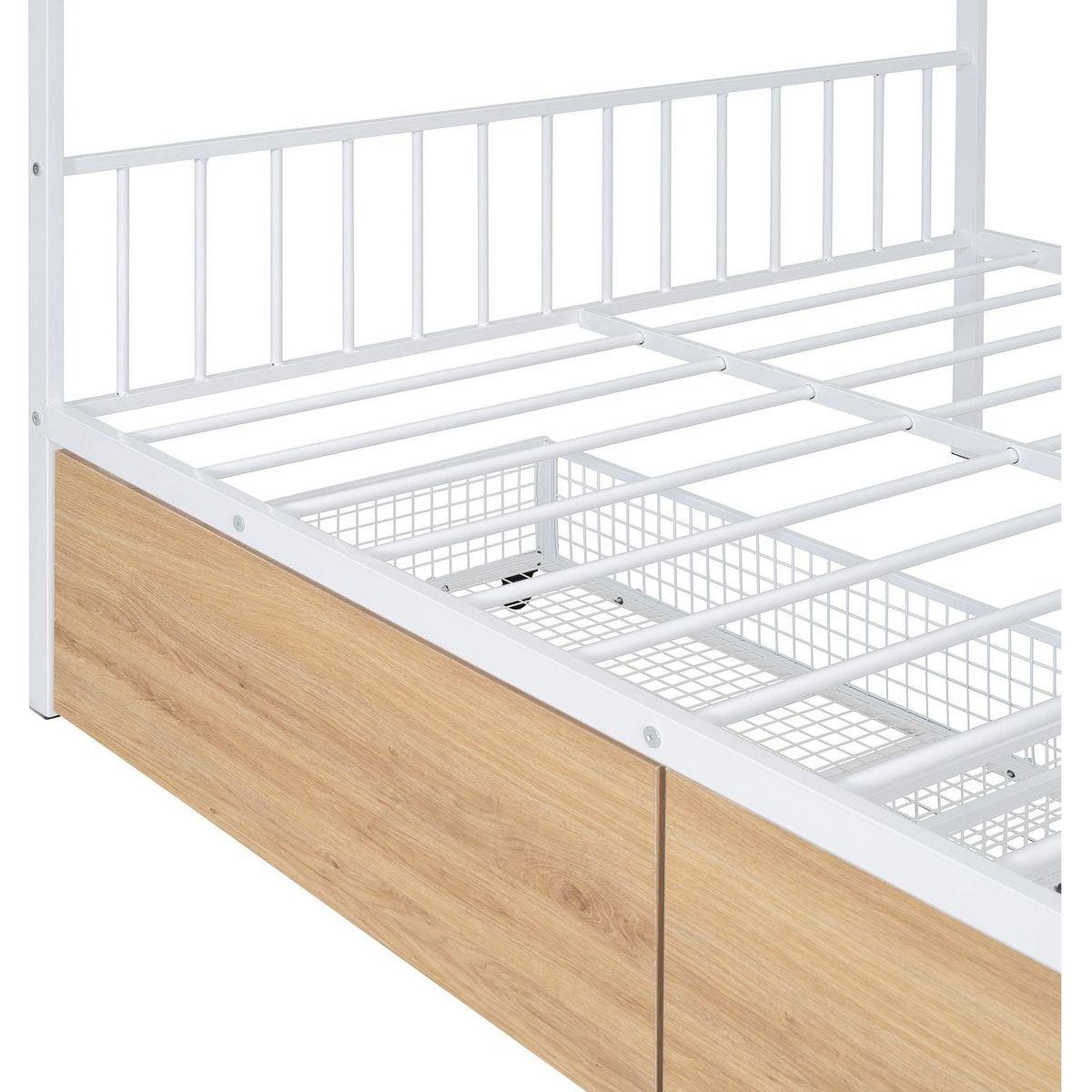 Full Size Metal House Bed with Two Drawers, White
