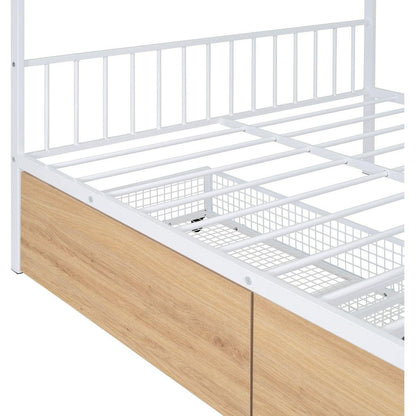 Full Size Metal House Bed with Two Drawers, White