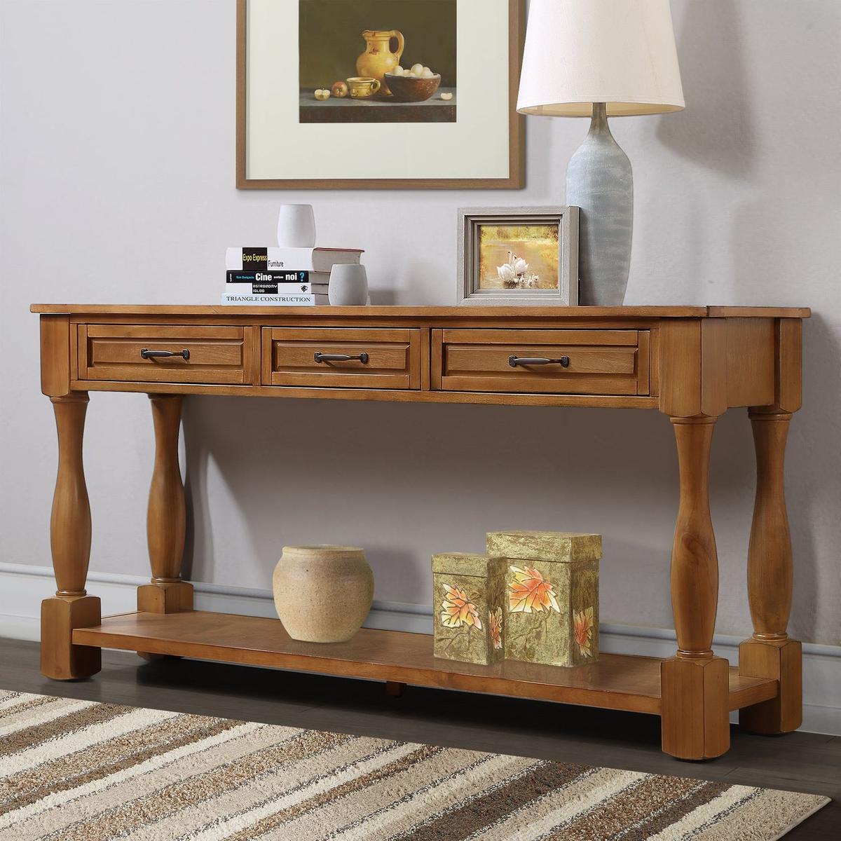 63inch Long Wood Console Table with 3 Drawers and 1 Bottom Shelf for Entryway Hallway Easy Assembly Extra-thick Sofa Table(Brown)