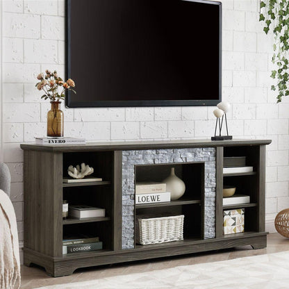 Mantel Stone TV Media Stand with with Faux Stacked Stone Surround, Modern Entertainment Console with Open Storage Space,Grey, 58.31"Wx15.39"Dx26.06"H