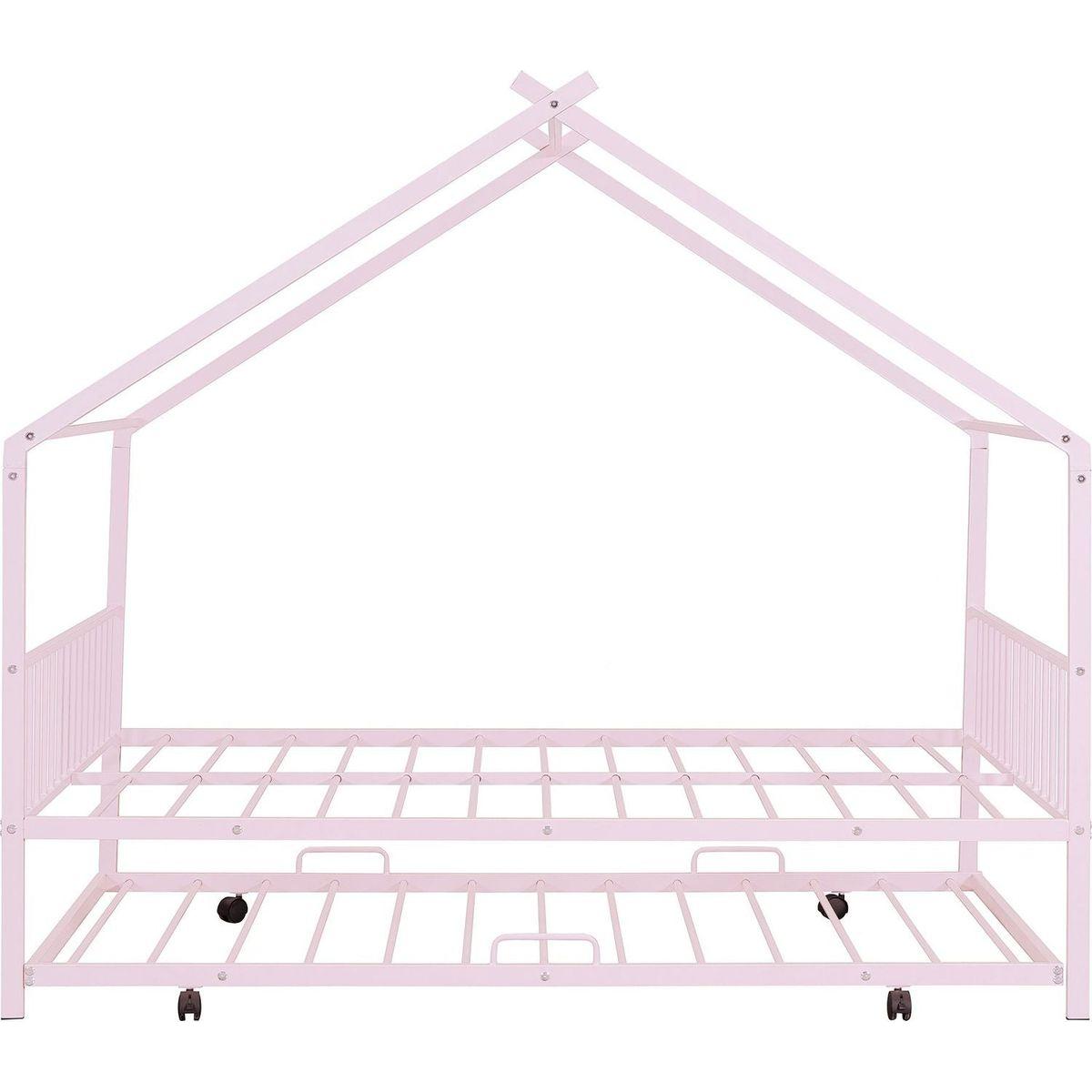 Full Size Metal House Bed with Twin Size Trundle, Pink