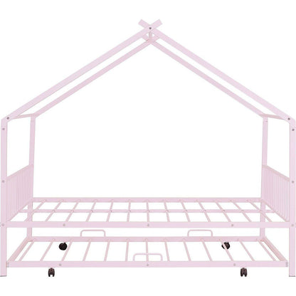 Full Size Metal House Bed with Twin Size Trundle, Pink