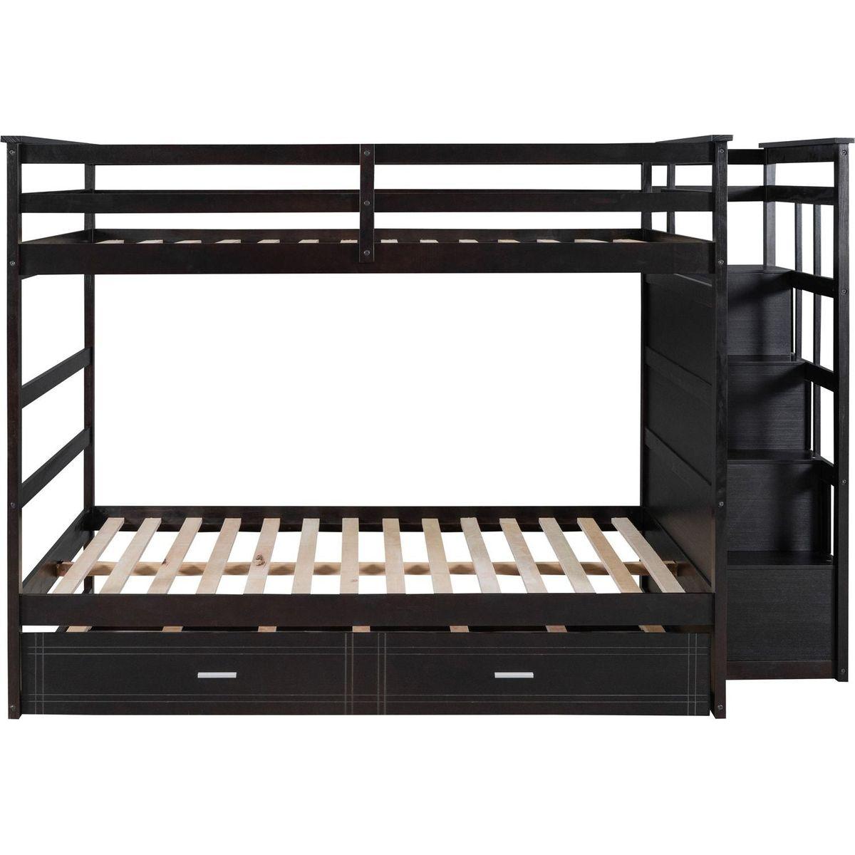 Full Over Full Bunk Bed with Twin Size Trundle and Staircase, Espresso