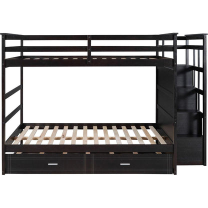Full Over Full Bunk Bed with Twin Size Trundle and Staircase, Espresso